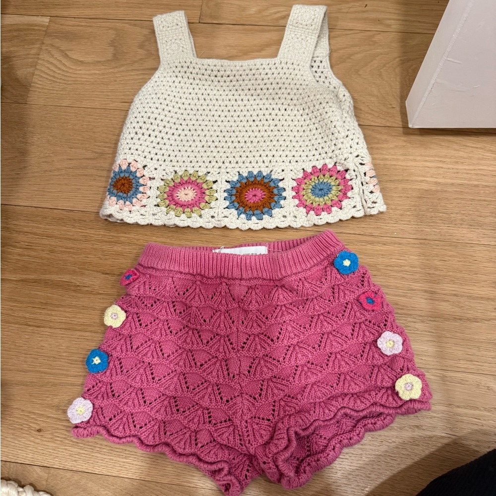 Zara Cream Crochet Tank with Pink Knit Flower Shorts